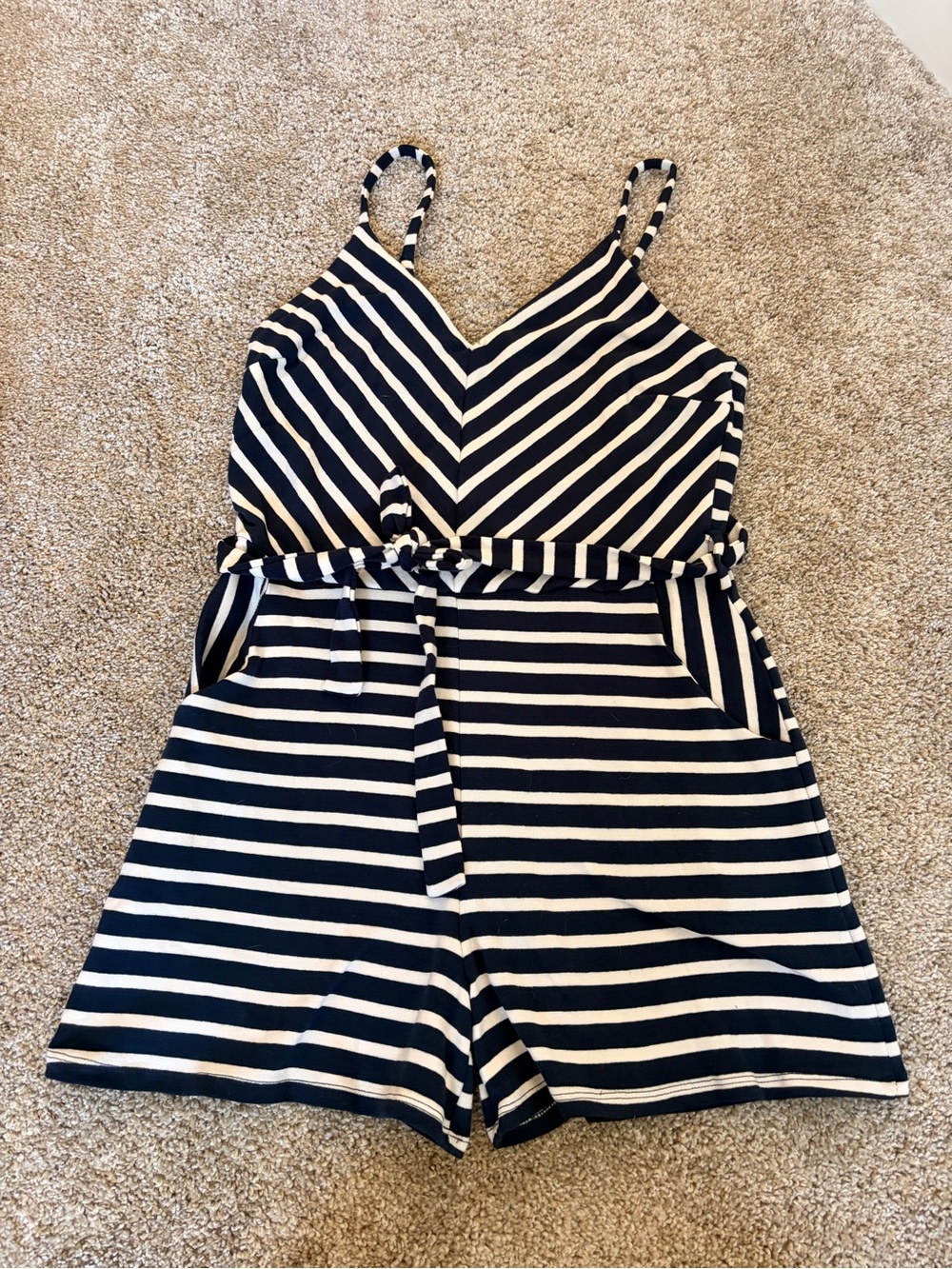 Monteau Navy & White Striped Sleeveless Romper with Waist Tie